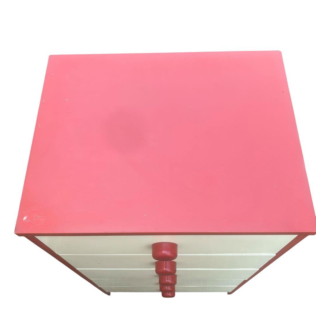 チェスト　昭和レトロ ホワイト×レッド タンス 5段 引き出し収納 整理タンス