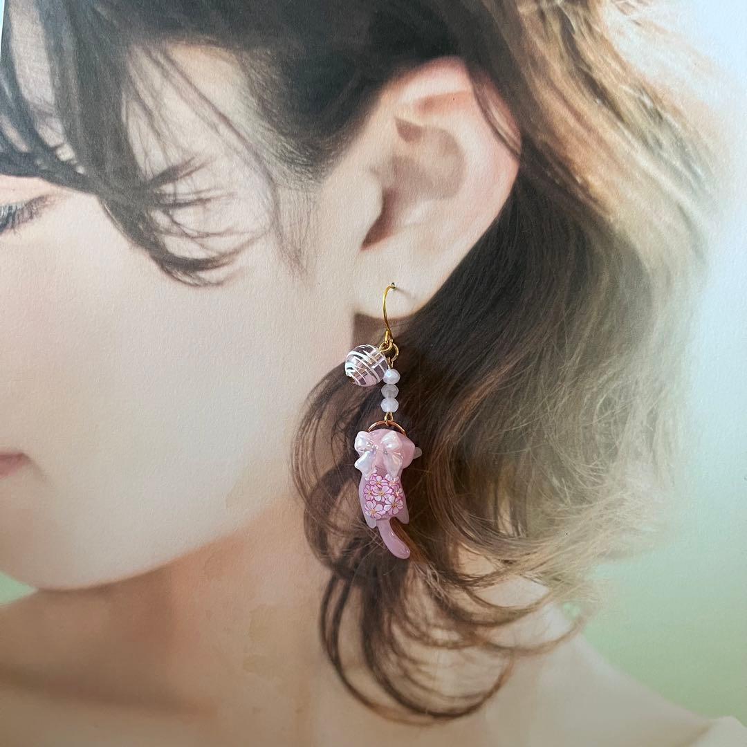 ฅ❤️ ねこ　猫　レジン　花　ピアス　イヤリング　ヨーヨー　祭り　夏
