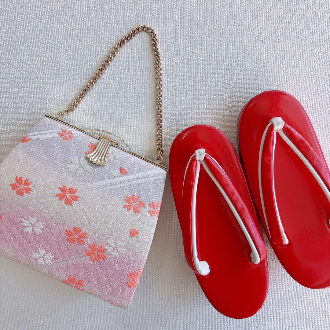 セット　美品　七五三　7歳女の子　きもの×袋帯×半襦袢×小物　ピンク地　蝶　桜