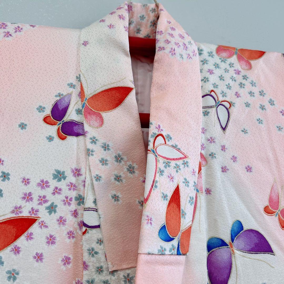 セット　美品　七五三　7歳女の子　きもの×袋帯×半襦袢×小物　ピンク地　蝶　桜