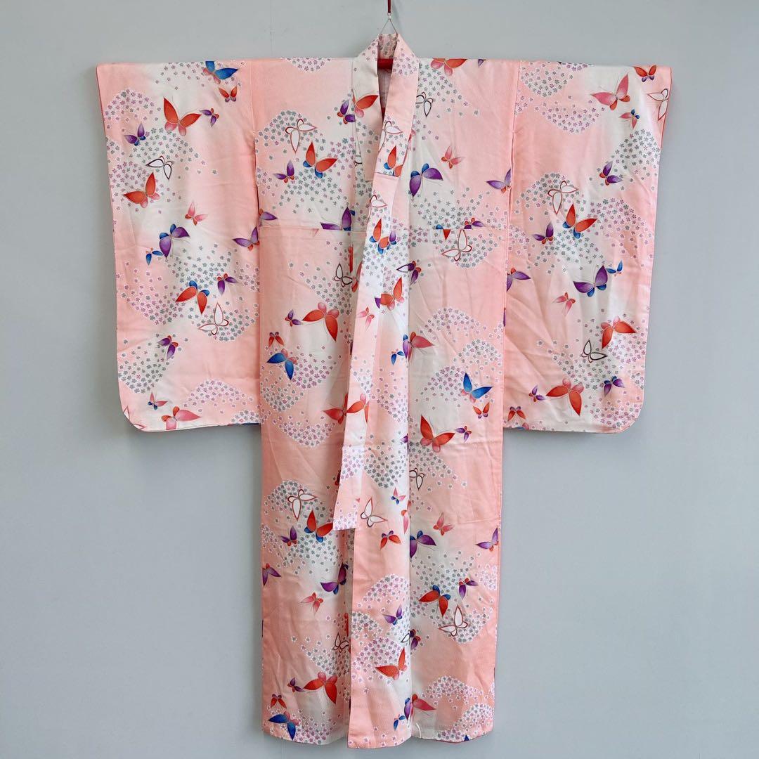 セット　美品　七五三　7歳女の子　きもの×袋帯×半襦袢×小物　ピンク地　蝶　桜