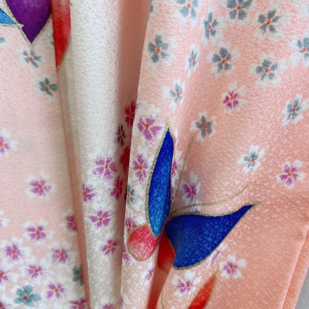 セット　美品　七五三　7歳女の子　きもの×袋帯×半襦袢×小物　ピンク地　蝶　桜