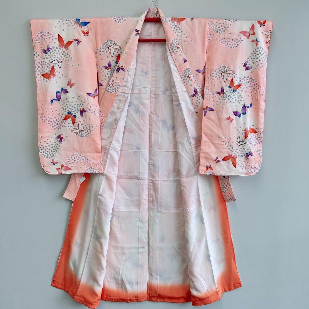 セット　美品　七五三　7歳女の子　きもの×袋帯×半襦袢×小物　ピンク地　蝶　桜