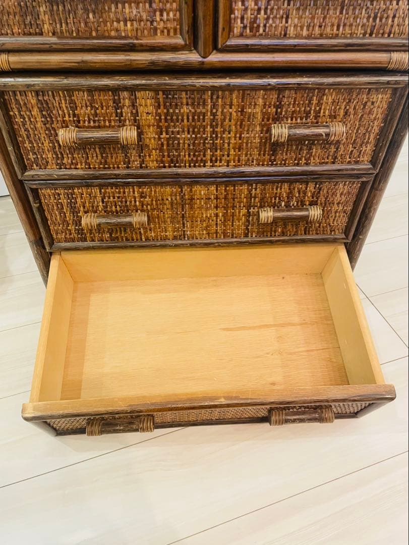 レトロ　ビンテージ　ラタンチェスト　籐家具　4段　引き出し5杯　収納家具　ラタン