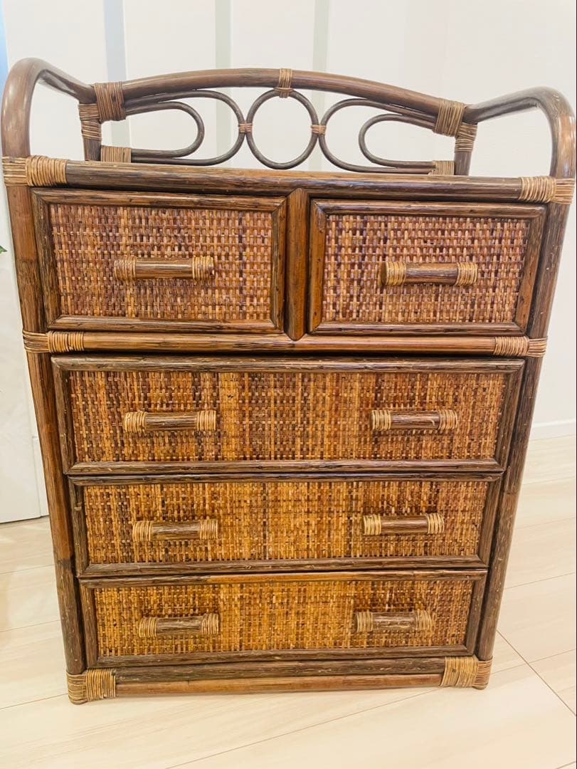 レトロ　ビンテージ　ラタンチェスト　籐家具　4段　引き出し5杯　収納家具　ラタン