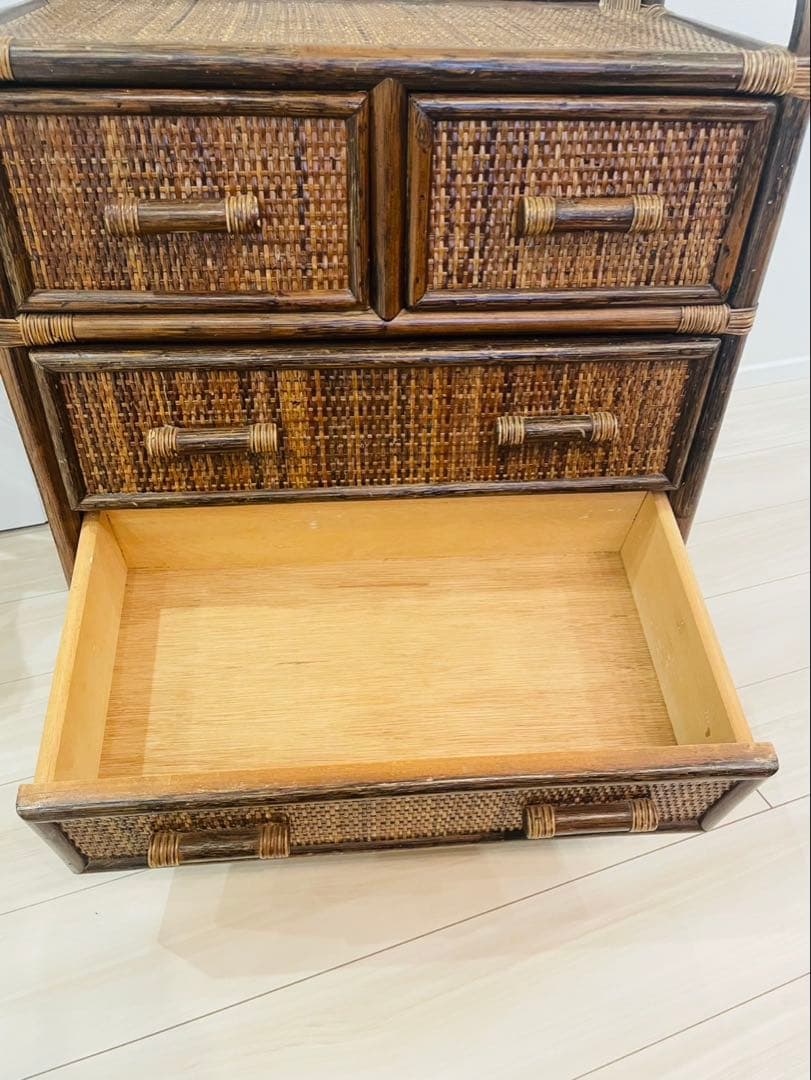 レトロ　ビンテージ　ラタンチェスト　籐家具　4段　引き出し5杯　収納家具　ラタン
