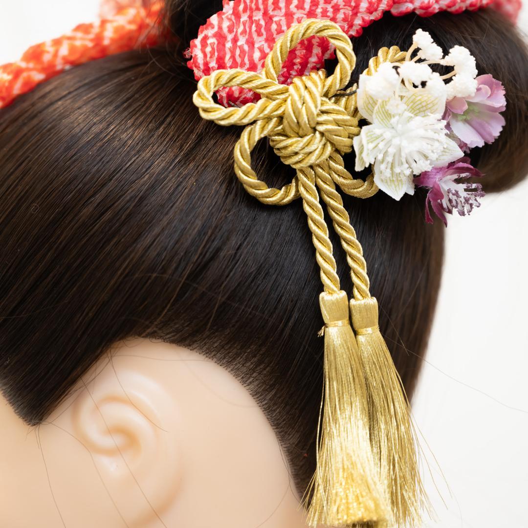 【七五三7歳/3歳日本髪髪飾りM】かのこ（鹿の子）ちんころ赤水引き組み紐ゴールド