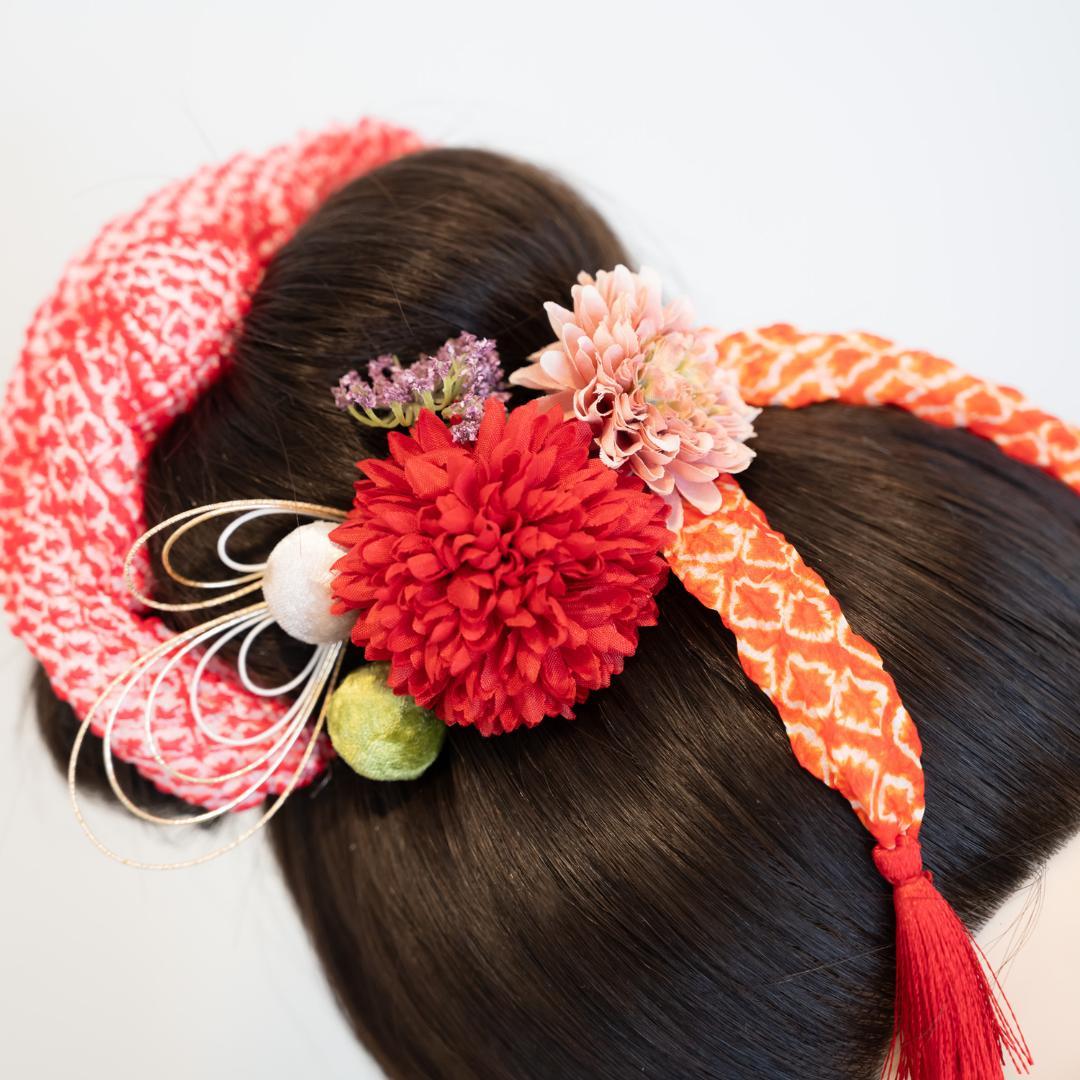 【七五三7歳/3歳日本髪髪飾りM】かのこ（鹿の子）ちんころ赤水引き組み紐ゴールド