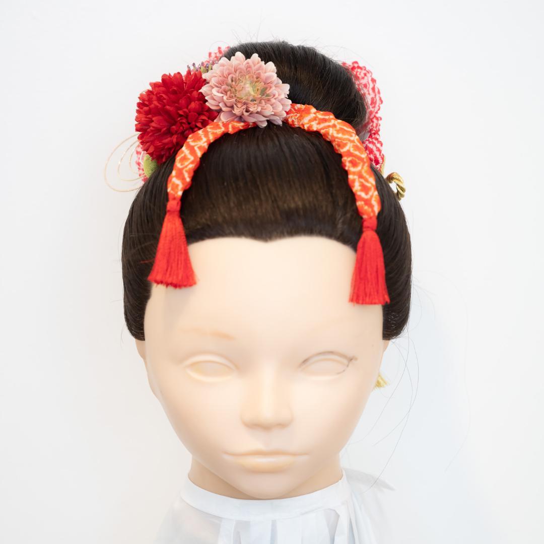 【七五三7歳/3歳日本髪髪飾りM】かのこ（鹿の子）ちんころ赤水引き組み紐ゴールド