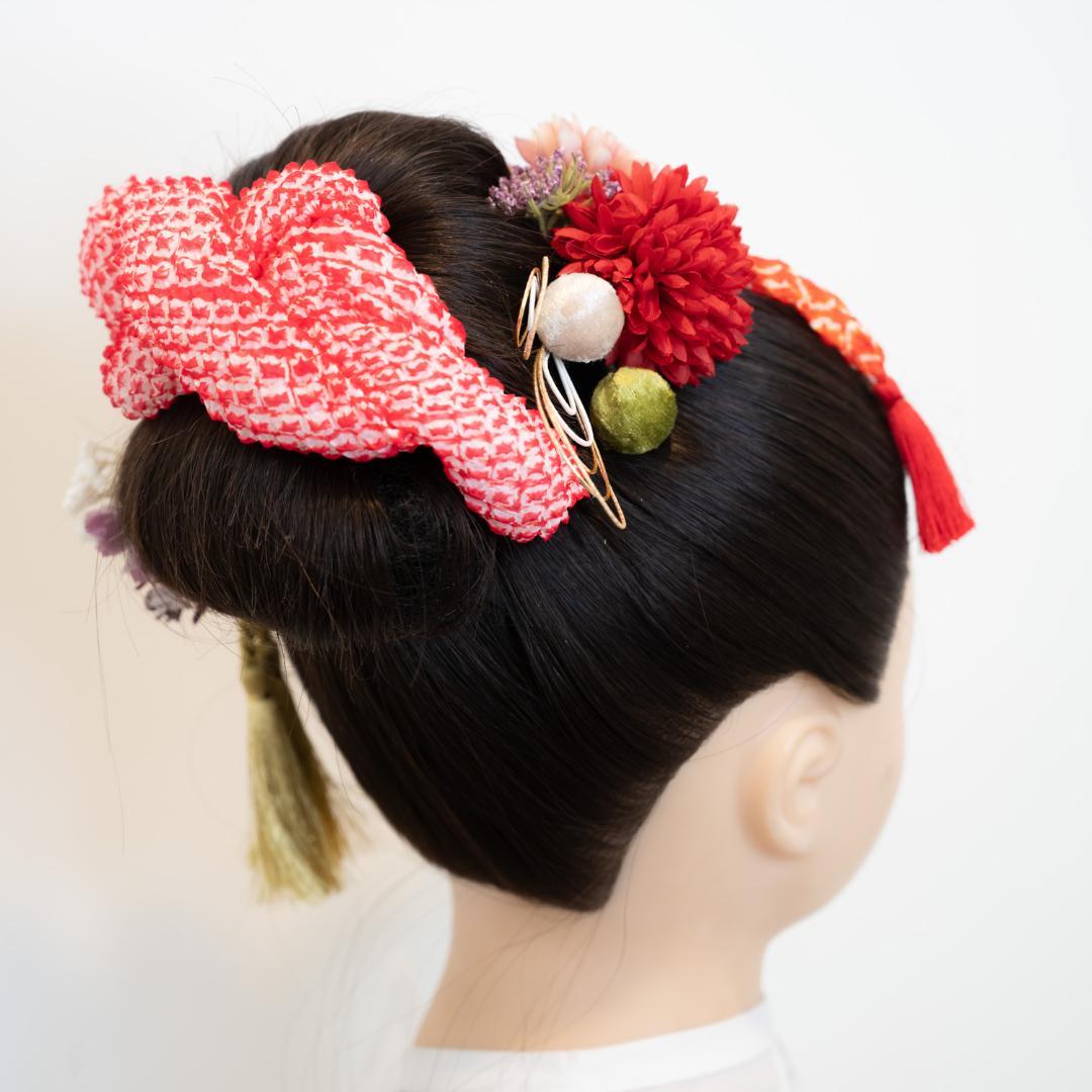 【七五三7歳/3歳日本髪髪飾りM】かのこ（鹿の子）ちんころ赤水引き組み紐ゴールド