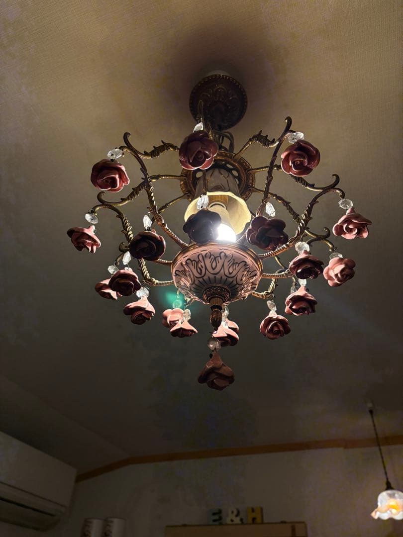 フランス　アンティーク　シャンデリア　花　薔薇　ピンク　陶器