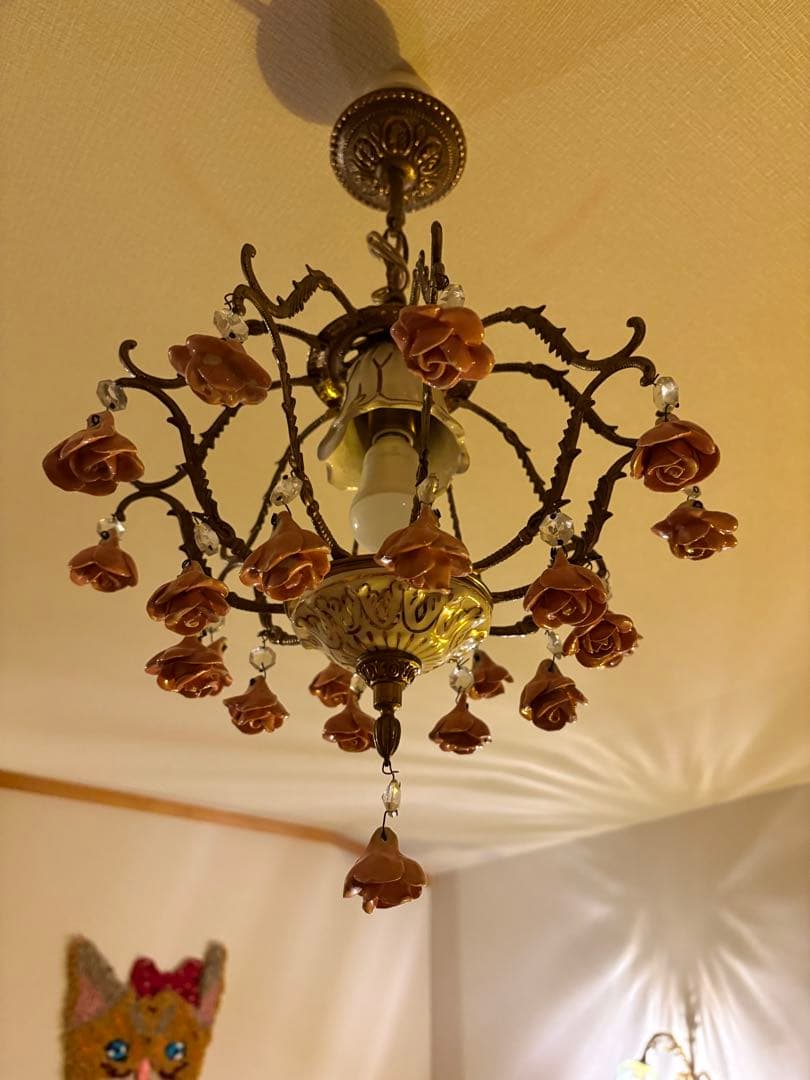 フランス　アンティーク　シャンデリア　花　薔薇　ピンク　陶器