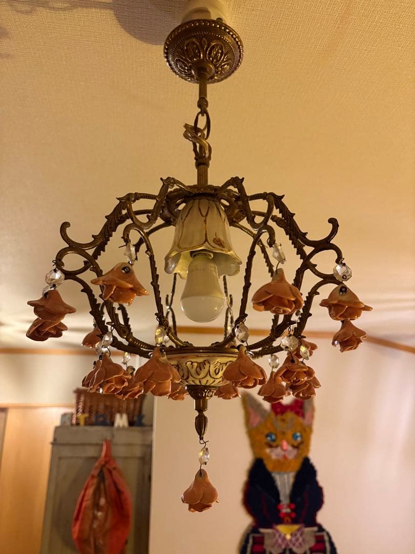 フランス　アンティーク　シャンデリア　花　薔薇　ピンク　陶器