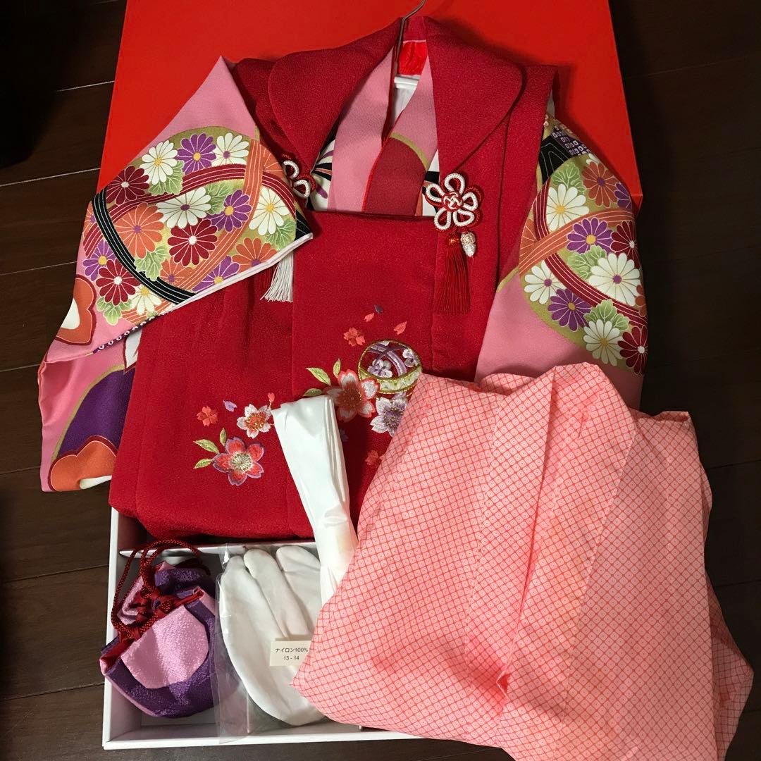 七五三用 赤色とピンク色 花柄 着物 セット