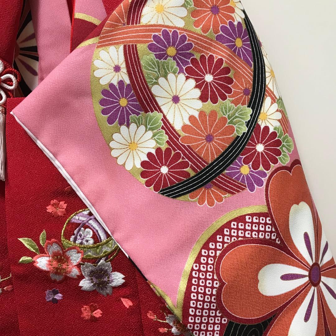 七五三用 赤色とピンク色 花柄 着物 セット