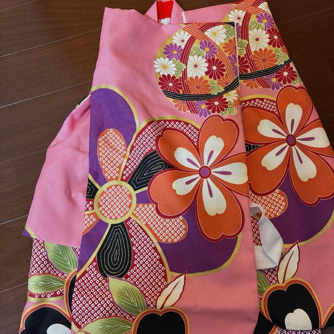 七五三用 赤色とピンク色 花柄 着物 セット
