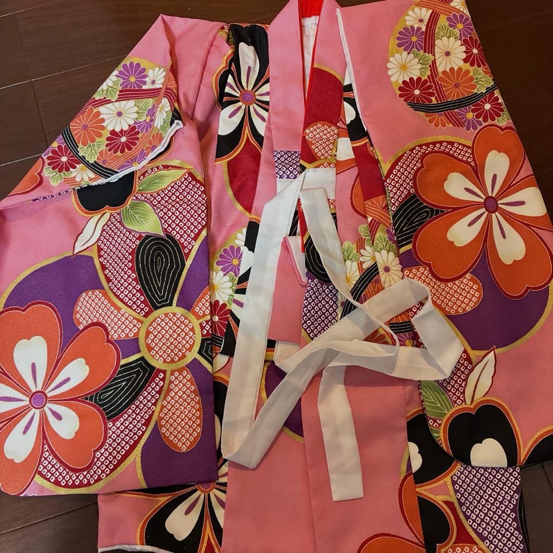 七五三用 赤色とピンク色 花柄 着物 セット