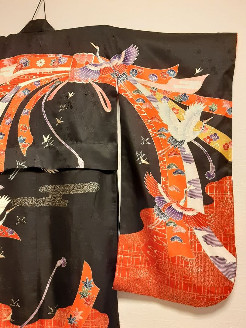 七五三　女の子　着物　鶴　リボン　レトロ　アンティーク
