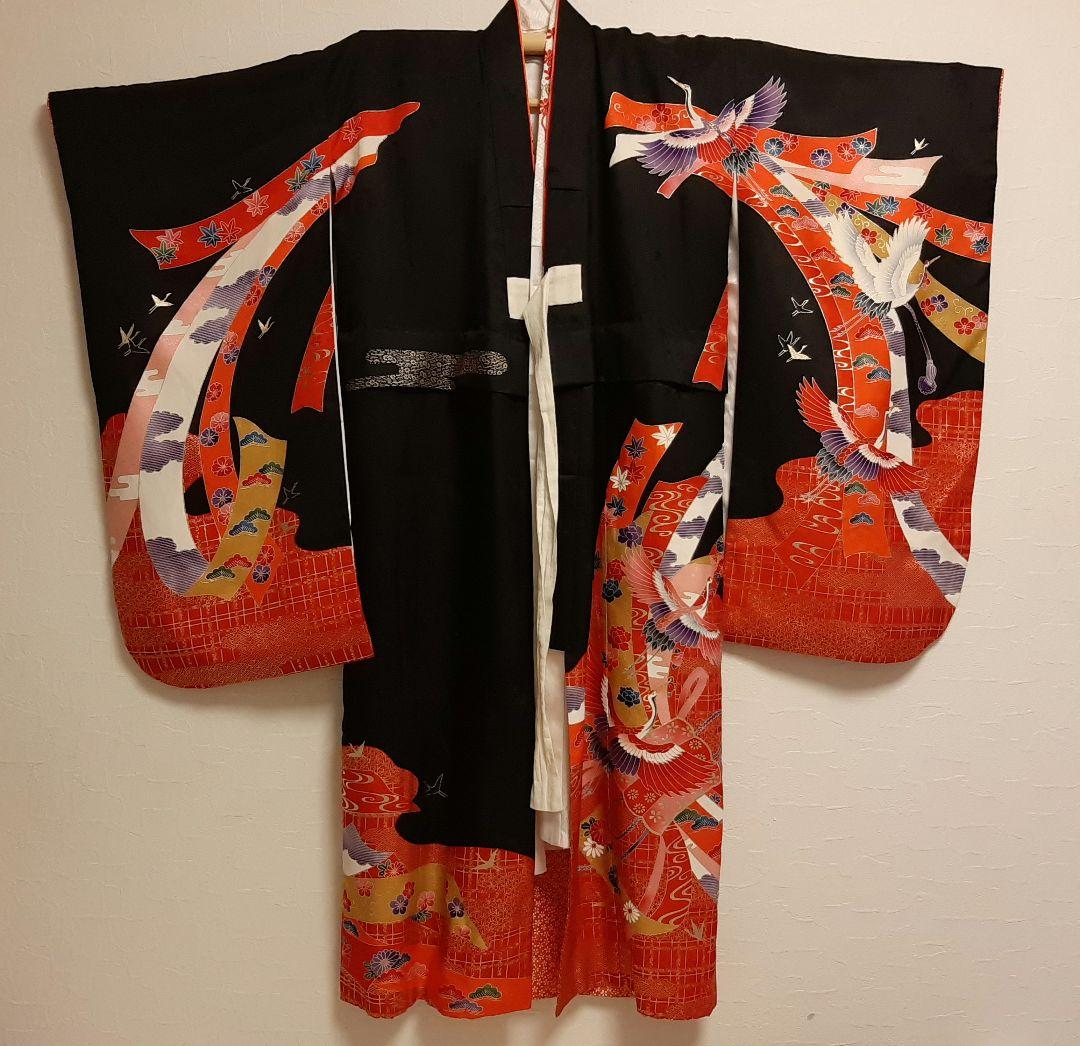 七五三　女の子　着物　鶴　リボン　レトロ　アンティーク