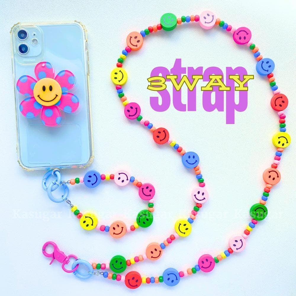 ニコちゃん3WAY派手かわ ウッドビーズ スマホ ショルダー ネック