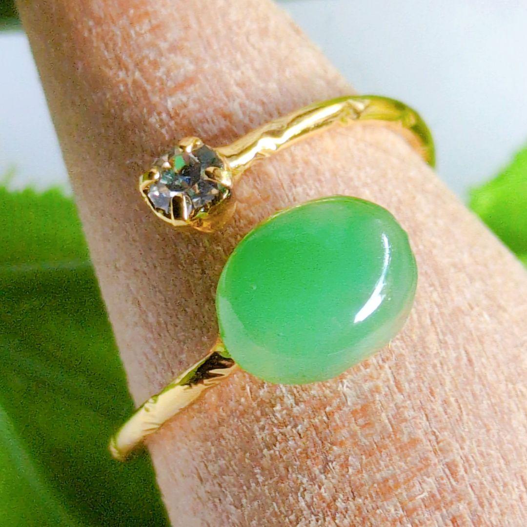 16kgpグリーンアップルな天然石翡翠樹脂コーティングフォークリング　指輪