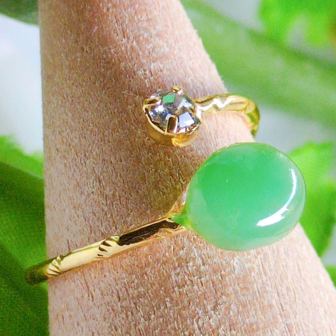 16kgpグリーンアップルな天然石翡翠樹脂コーティングフォークリング　指輪