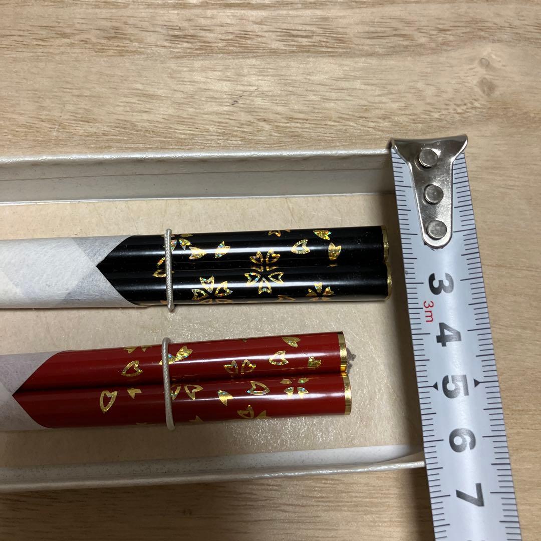 D-4 夫婦箸 セット 漆塗り 桜紋 金彩 朱 黒 箱入り ペア 新品 うるし屋