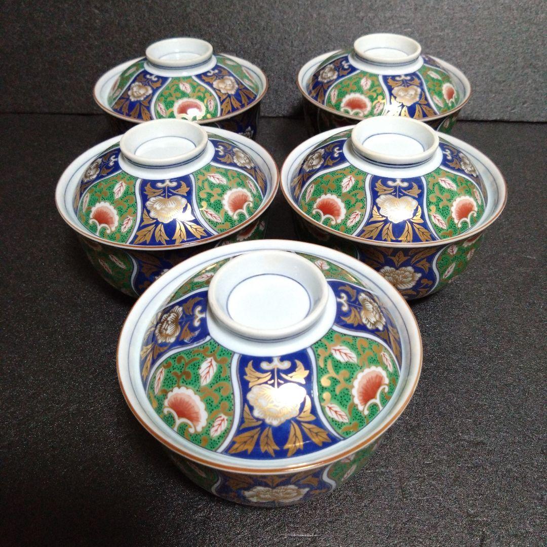未使用 美濃焼 庫山窯 間取り金彩牡丹 蓋付 小丼5個 煮物碗 蒸し碗　お祝い