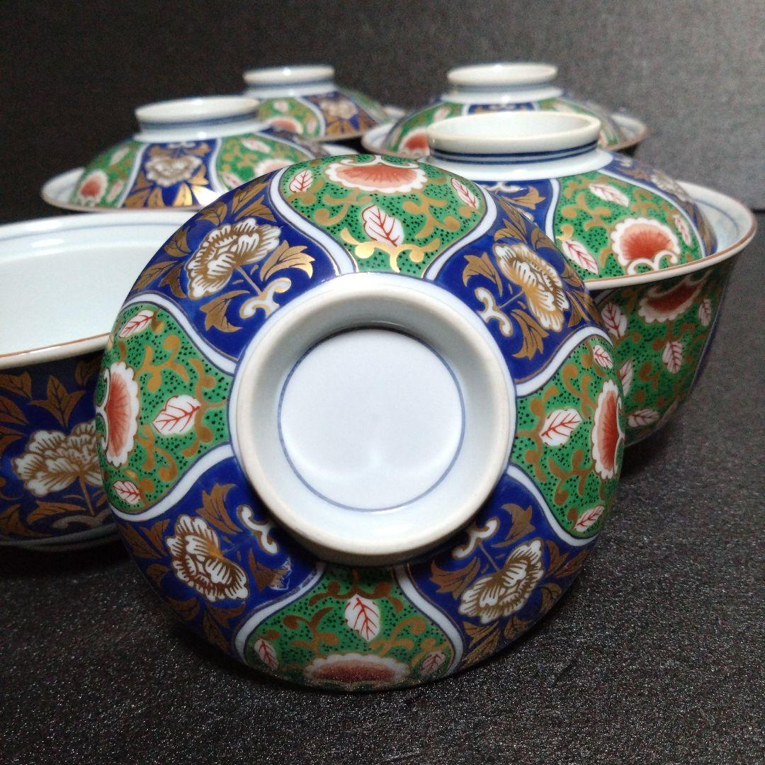 未使用 美濃焼 庫山窯 間取り金彩牡丹 蓋付 小丼5個 煮物碗 蒸し碗　お祝い
