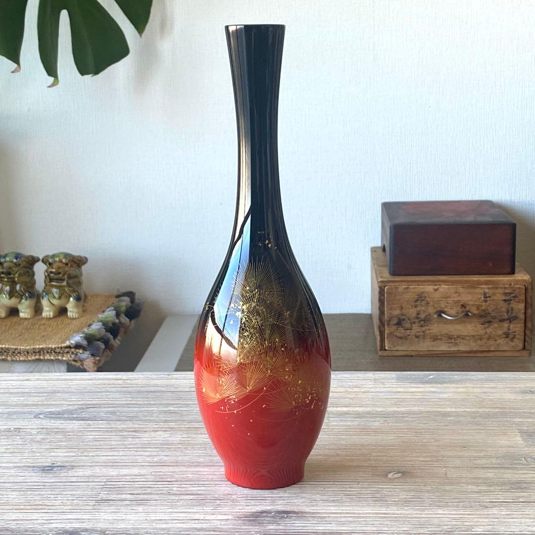 輪島塗　黒朱　花器　一輪挿し　花瓶　鶴首型　沈金　ぼかし塗