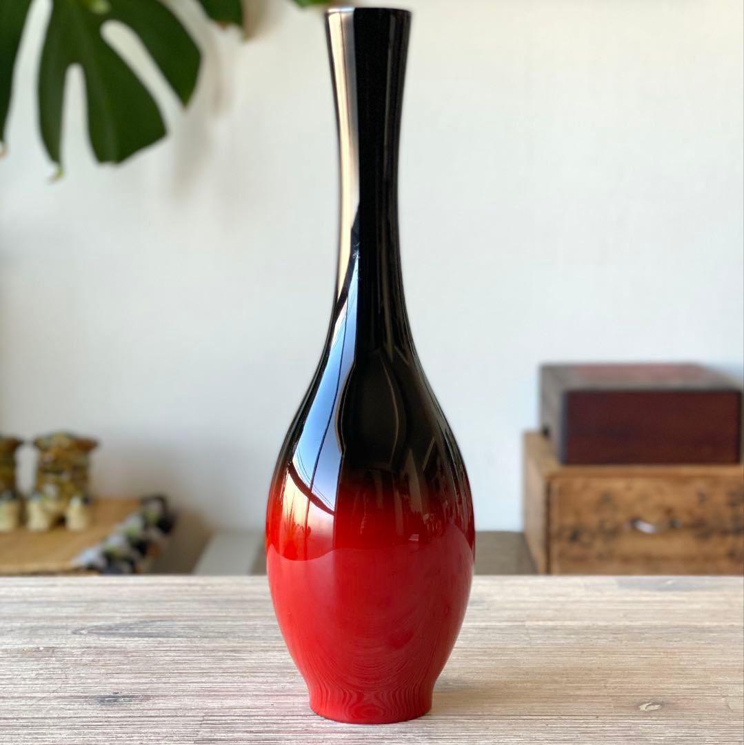 輪島塗　黒朱　花器　一輪挿し　花瓶　鶴首型　沈金　ぼかし塗