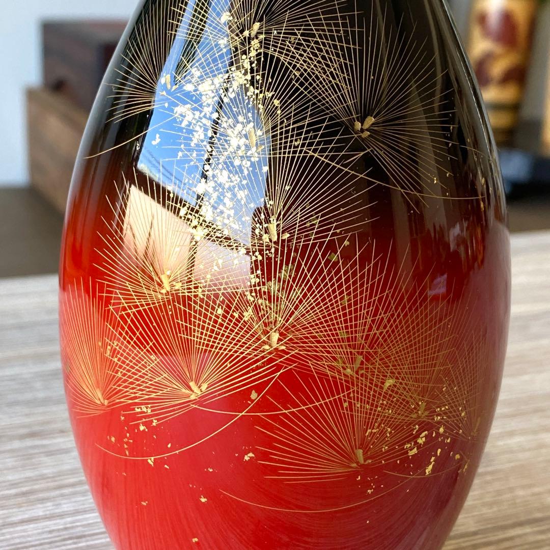 輪島塗　黒朱　花器　一輪挿し　花瓶　鶴首型　沈金　ぼかし塗