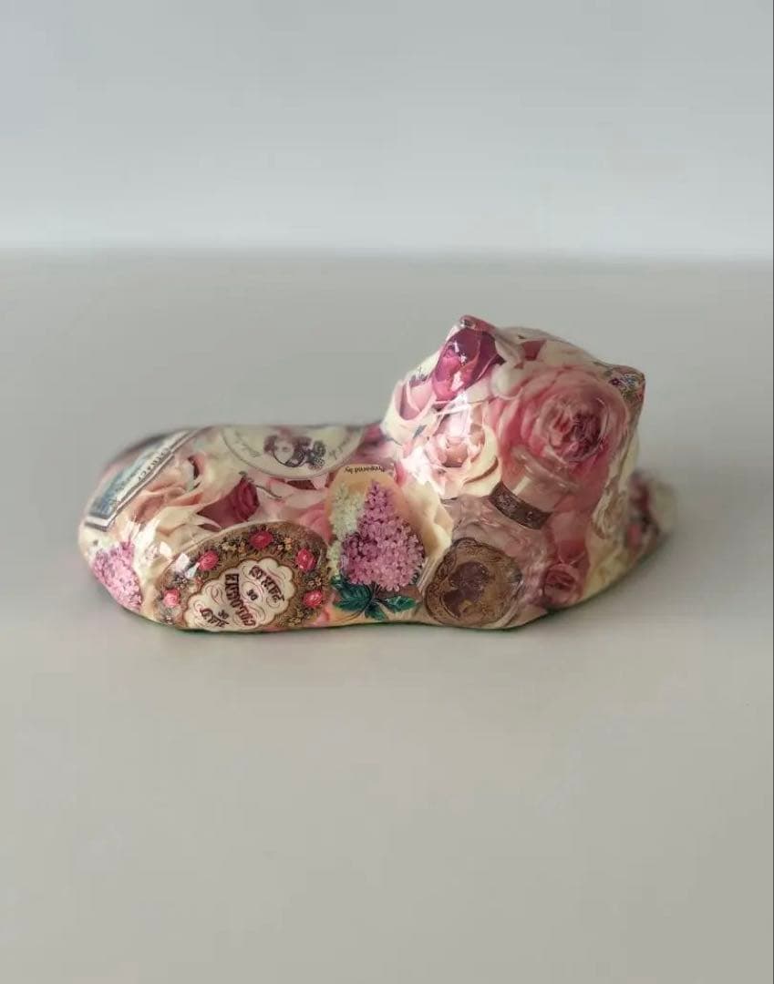 猫　陶器 置物　花柄　アンティーク　レトロ　猫の置物