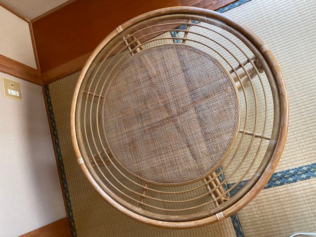 ラタン 木製 ガラス ローテーブル