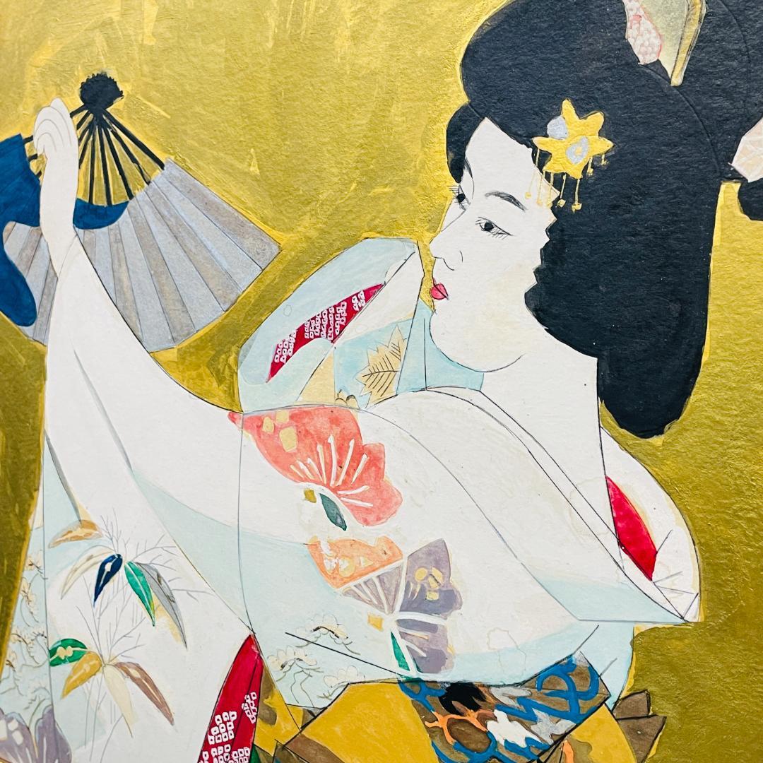 真作保証 伊東深水『扇子』肉筆 日本画 美人画 画寸h44.5×w51.5cm