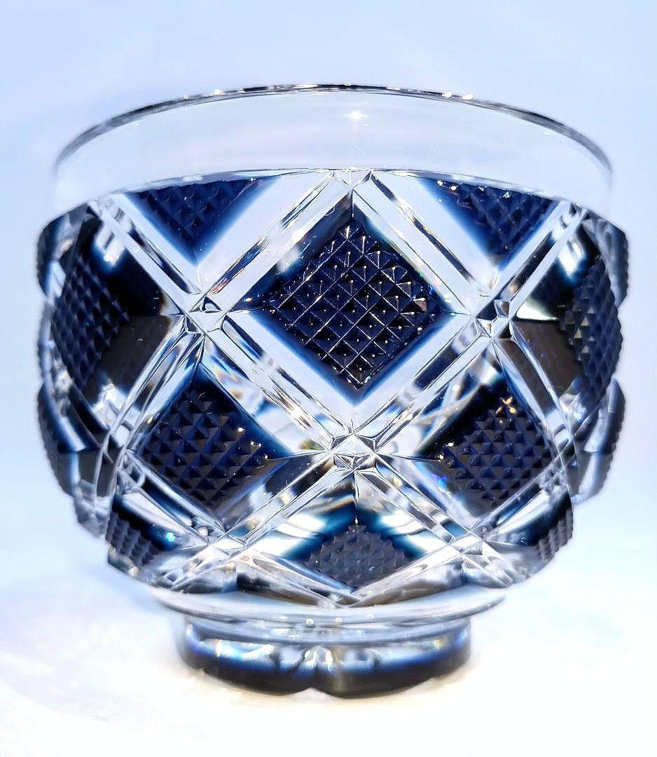 【新品未使用】島津薩摩切子 薩摩ガラス工芸作 小付鉢 藍 二重矢来に魚子文