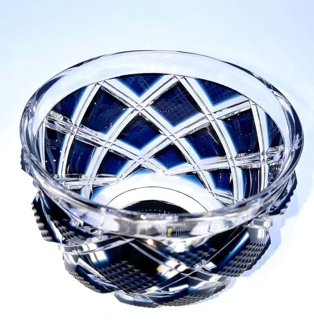 【新品未使用】島津薩摩切子 薩摩ガラス工芸作 小付鉢 藍 二重矢来に魚子文