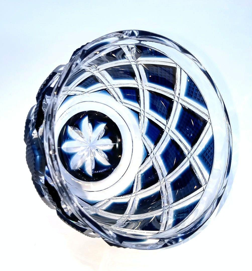 【新品未使用】島津薩摩切子 薩摩ガラス工芸作 小付鉢 藍 二重矢来に魚子文