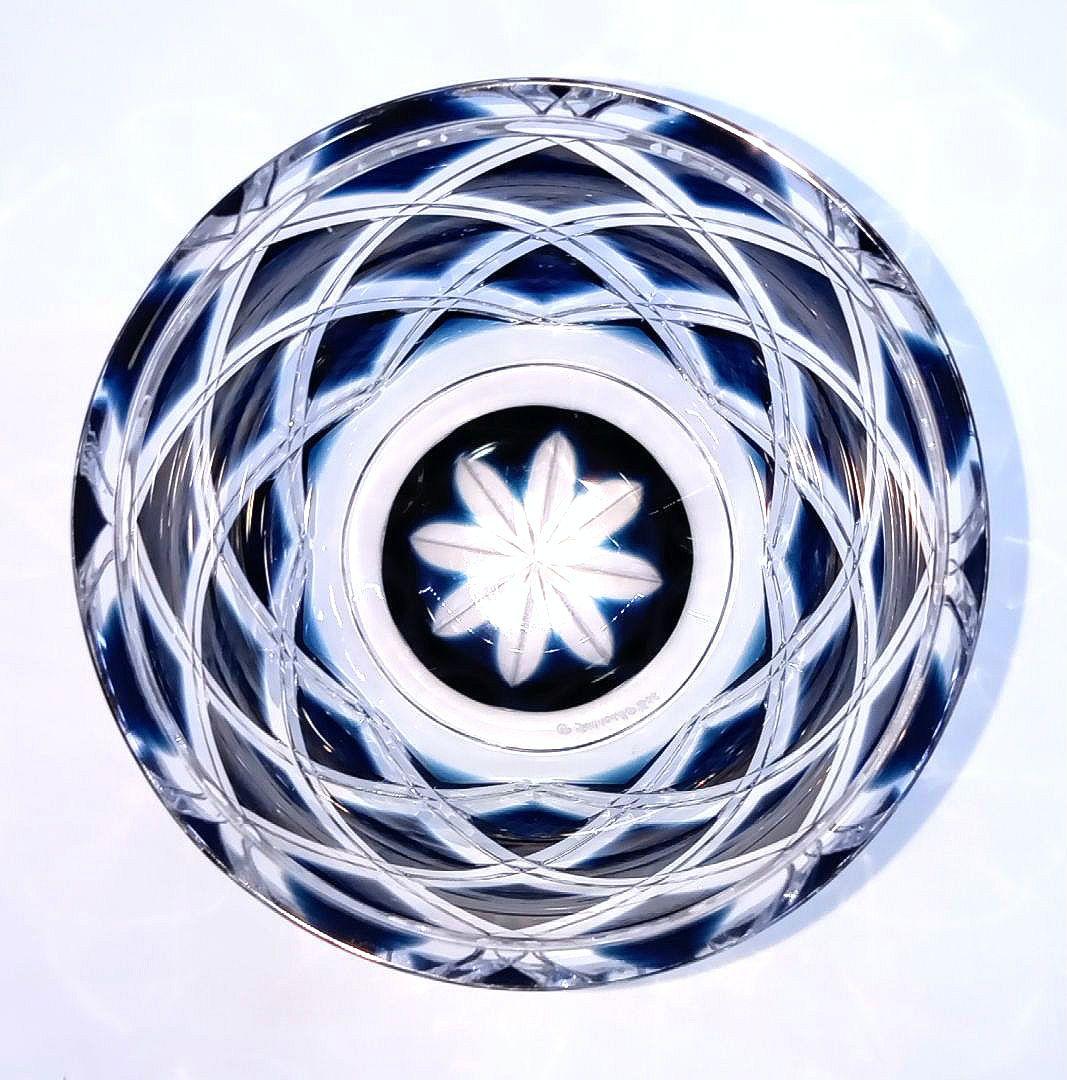 【新品未使用】島津薩摩切子 薩摩ガラス工芸作 小付鉢 藍 二重矢来に魚子文