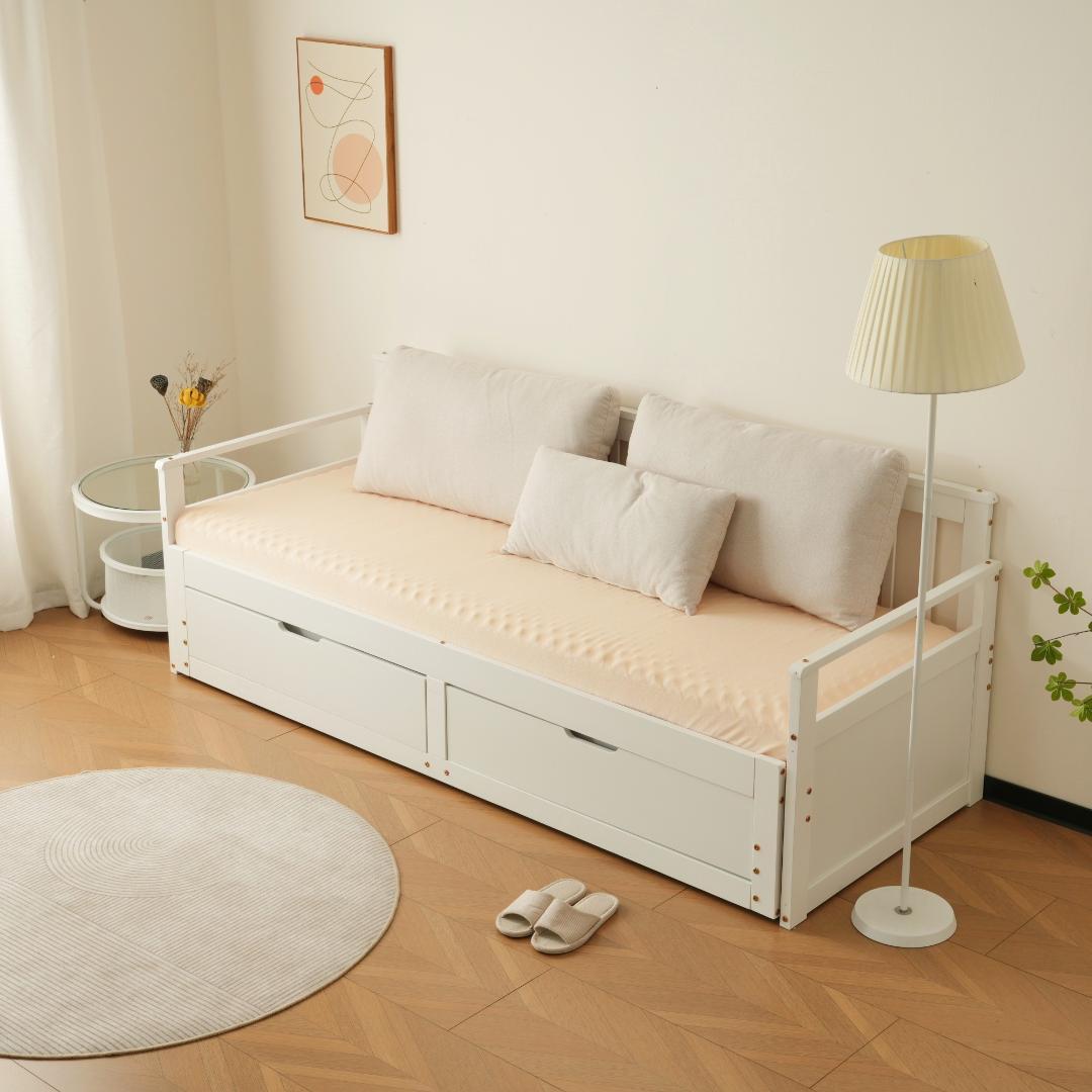 大人気！ソファベッド ディベッド 伸長式ベッド 木製 引出付き　WHITE