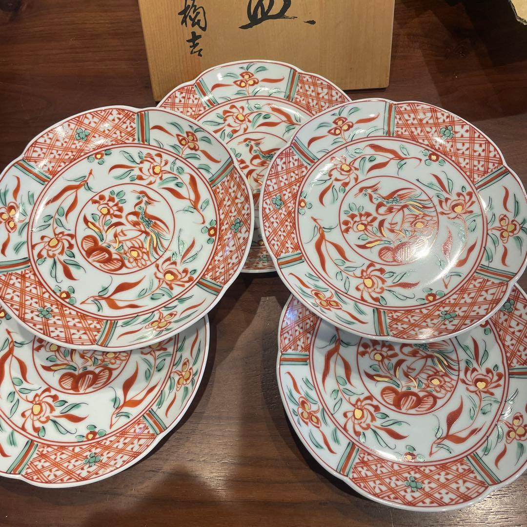 たち吉 赤絵花鳥 中皿 5枚セット 輪花皿 古伊万里 和皿 鳳凰 橘吉