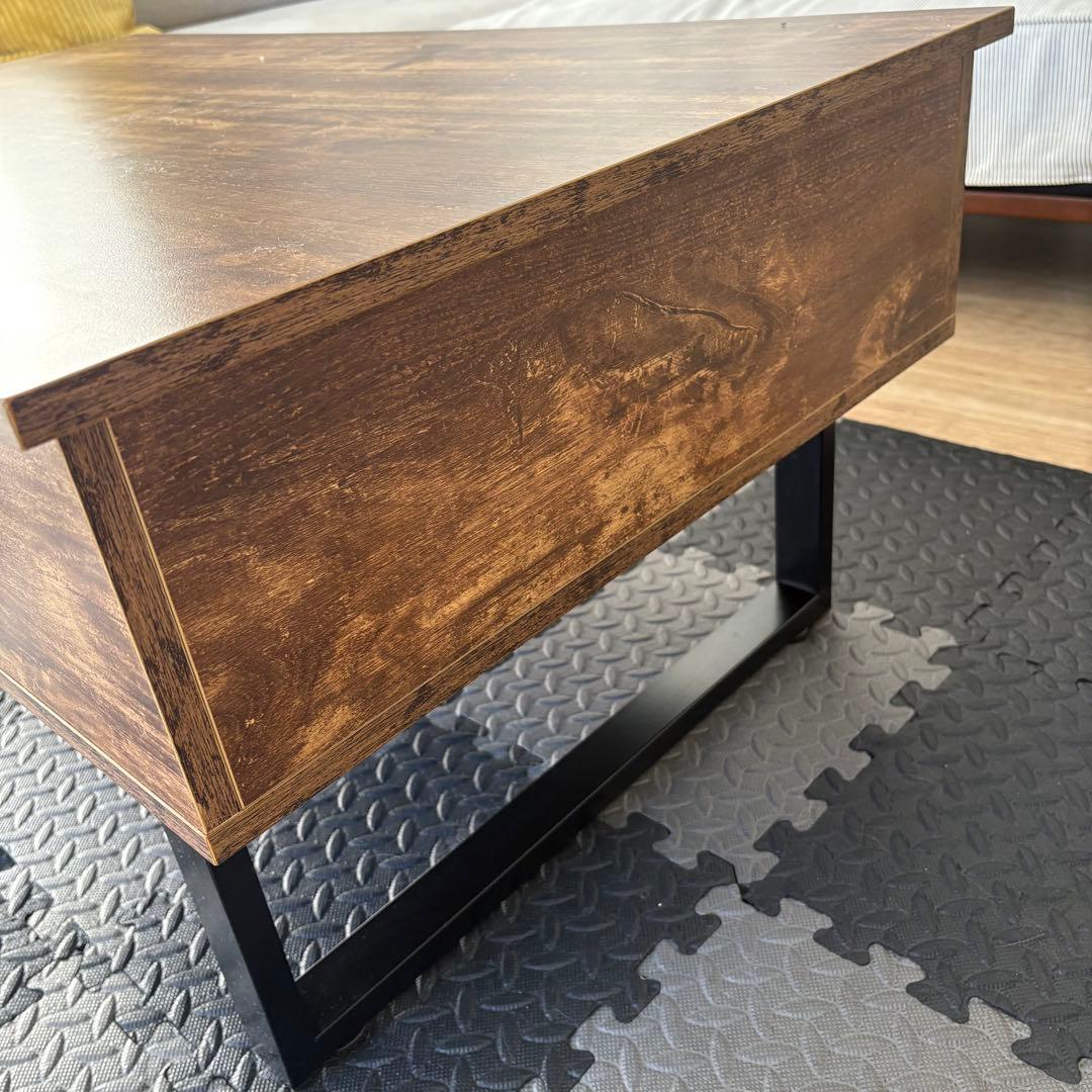 昇降式ローテーブル ブラウン木目調 収納付き