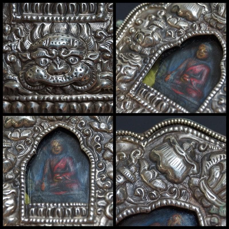 オールドチベット ガウ携帯祭壇『薬師如来』仏像窓銀製装飾手造り打出し装飾密教法具