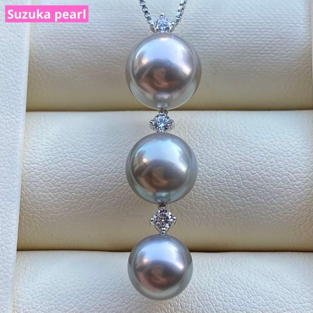 本真珠　南洋黒蝶真珠3連パールネックレストップ　グレーPT925