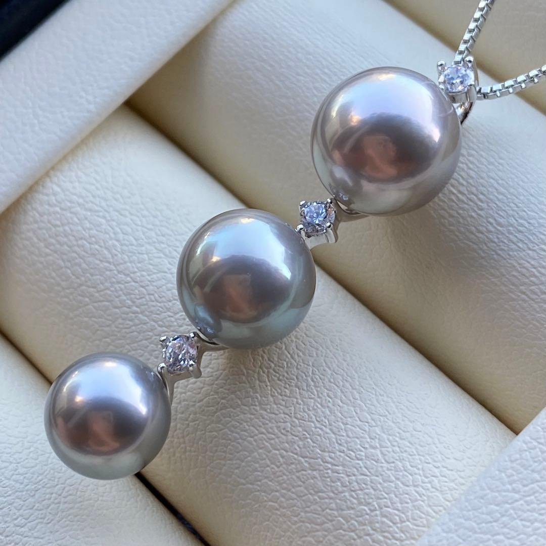 本真珠　南洋黒蝶真珠3連パールネックレストップ　グレーPT925