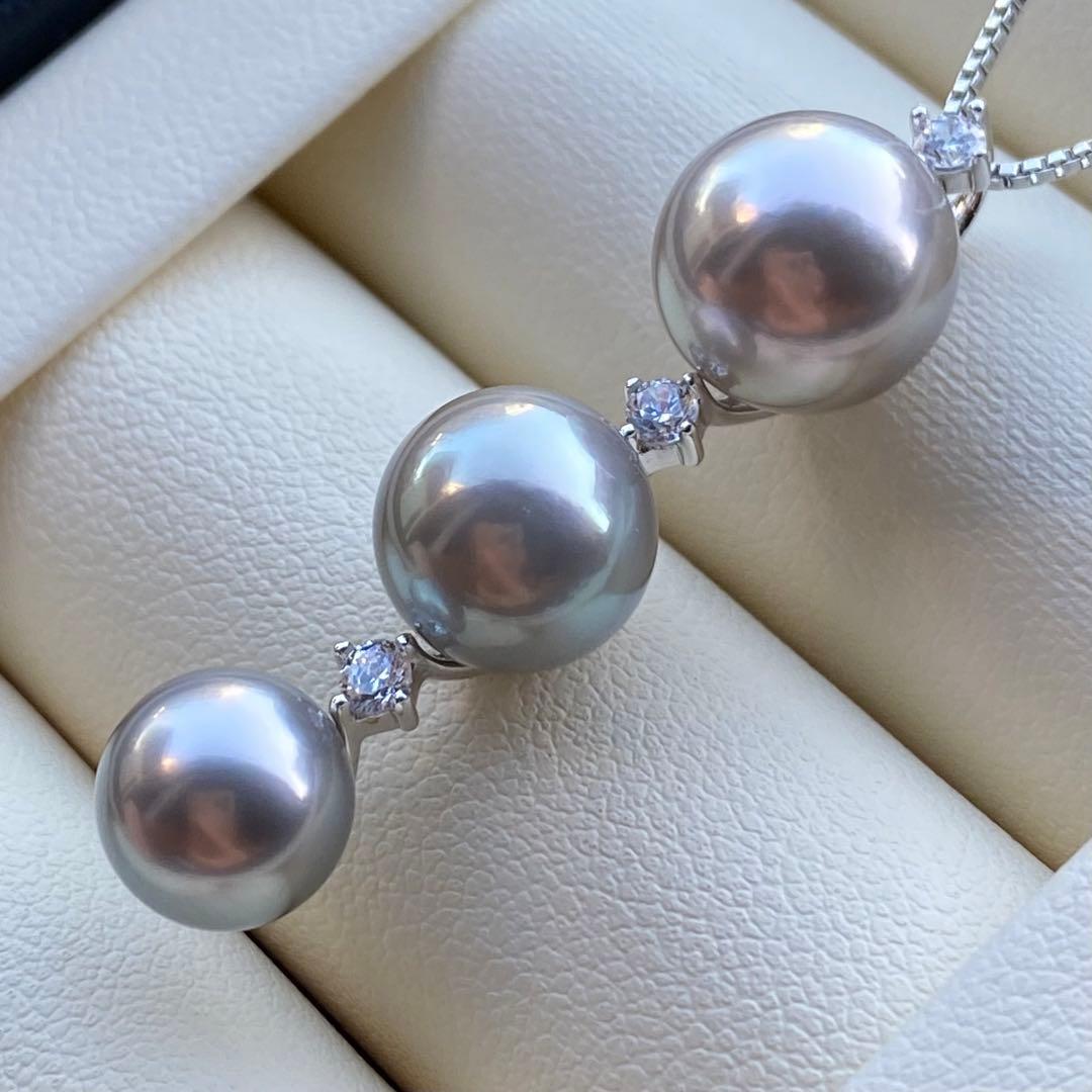 本真珠　南洋黒蝶真珠3連パールネックレストップ　グレーPT925