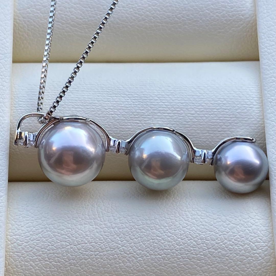 本真珠　南洋黒蝶真珠3連パールネックレストップ　グレーPT925