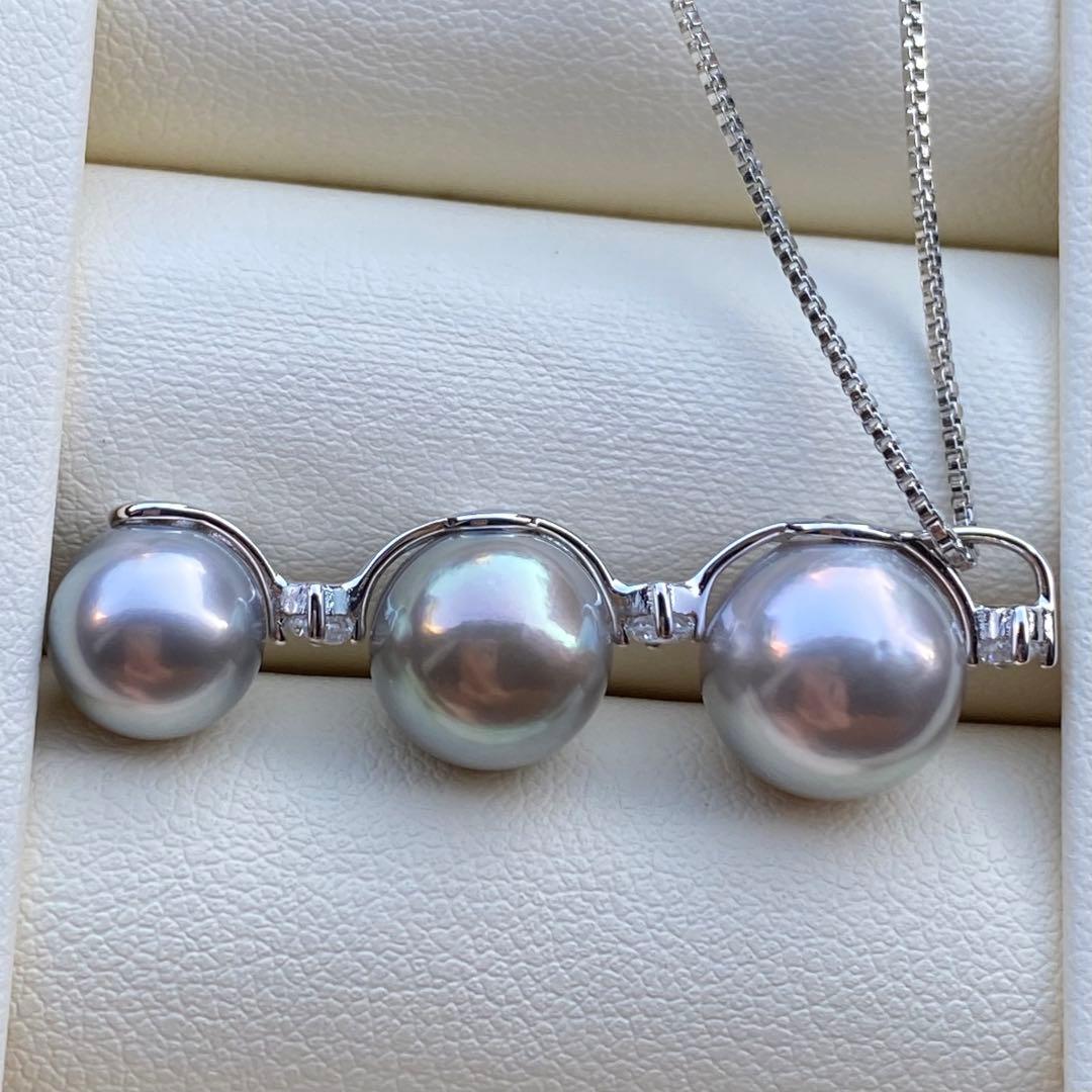 本真珠　南洋黒蝶真珠3連パールネックレストップ　グレーPT925