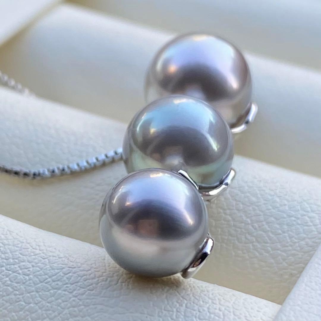 本真珠　南洋黒蝶真珠3連パールネックレストップ　グレーPT925