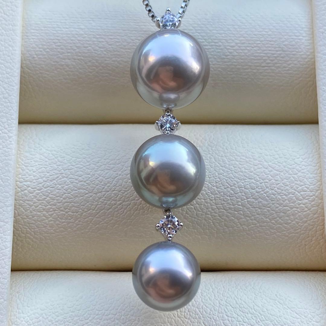 本真珠　南洋黒蝶真珠3連パールネックレストップ　グレーPT925